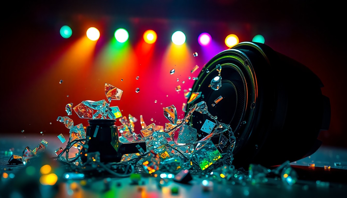 An abstract, high-contrast close-up image of shattered glass and twisted metal from a fallen speaker, reflecting colorful stage lights in a dramatic, glamorous studio lighting setup.