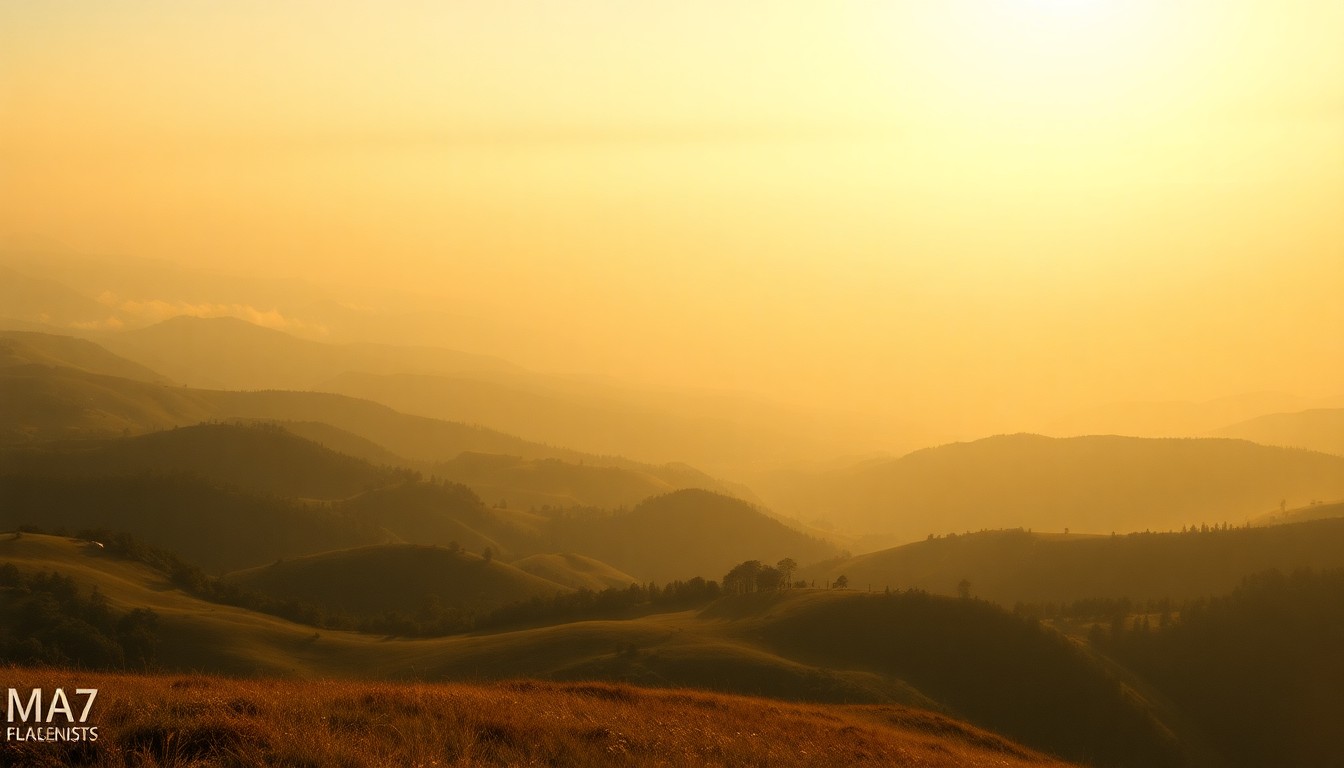 A sweeping, majestic landscape painting in muted earth tones, with distant hills and mountains bathed in a warm, golden light, conveying a sense of scale and tranquility that dwarfs any human presence.
