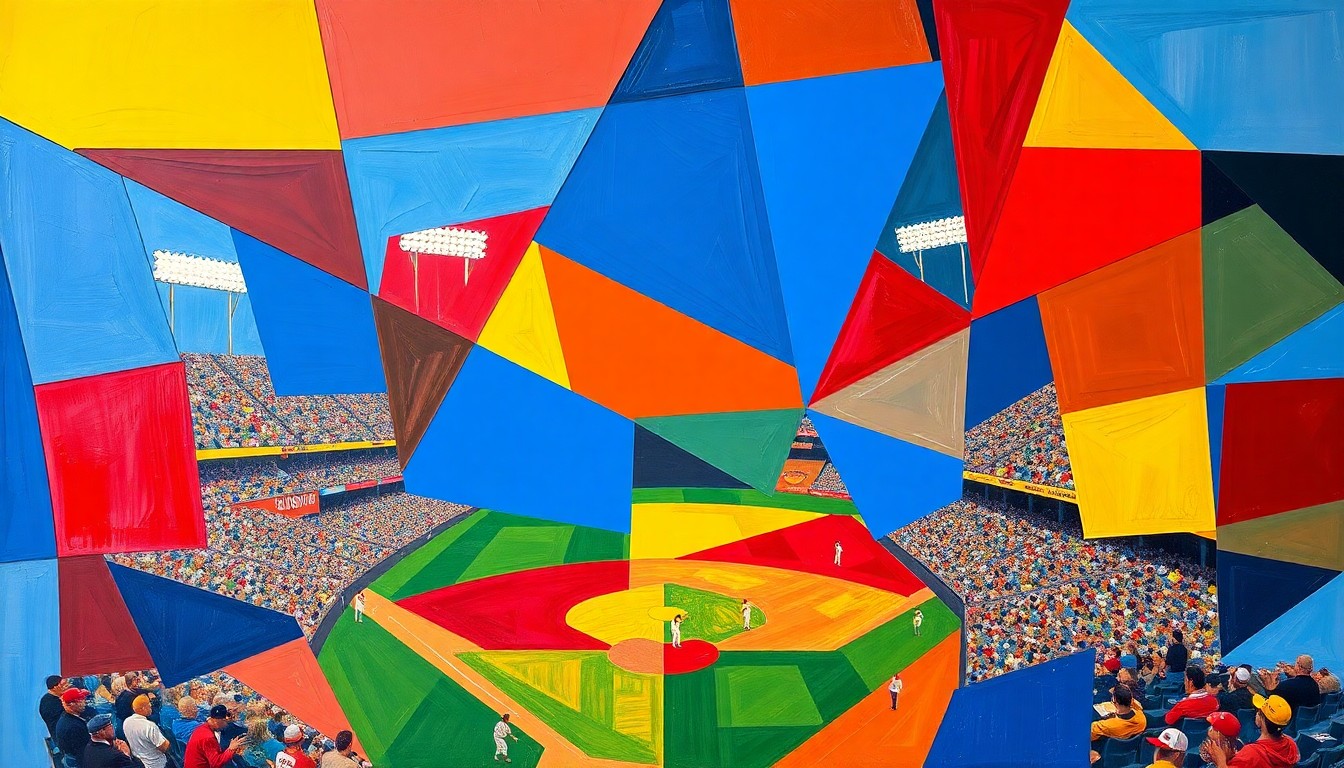 A cubist, geometric painting depicting a baseball game broken down into overlapping, angular shapes and planes in a vibrant color palette, conveying the intensity and drama of a late-inning comeback.