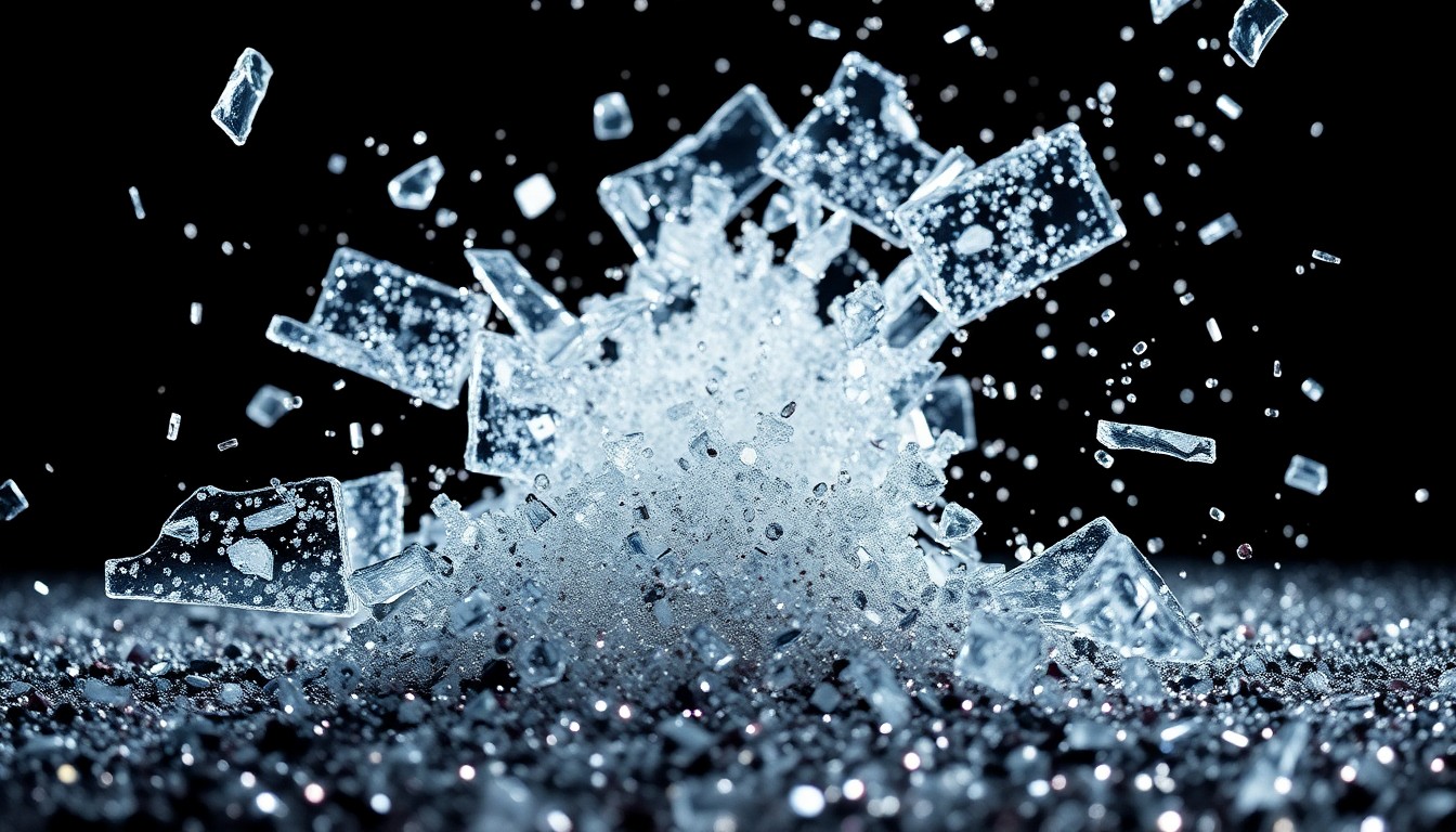 An abstract, high-contrast close-up photograph of shattered glass and glittering sequins, conceptually representing the glamour and drama of a high-profile celebrity legal dispute.