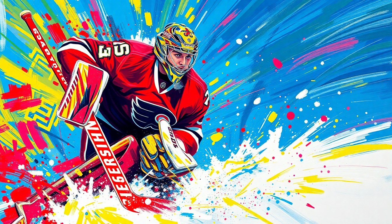 An abstract, expressionist painting featuring rapid, neon-colored brushstrokes that capture the dynamic movements and energy of a college hockey goaltender, with the player's face and jersey details dissolving into unrecognizable splatters.