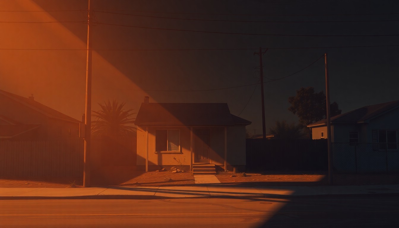 A serene, photorealistic painting of a solitary, charred home on a quiet street in Los Angeles, with warm sunlight casting long shadows across the scene, conveying a sense of melancholy and the lingering impact of the wildfires.