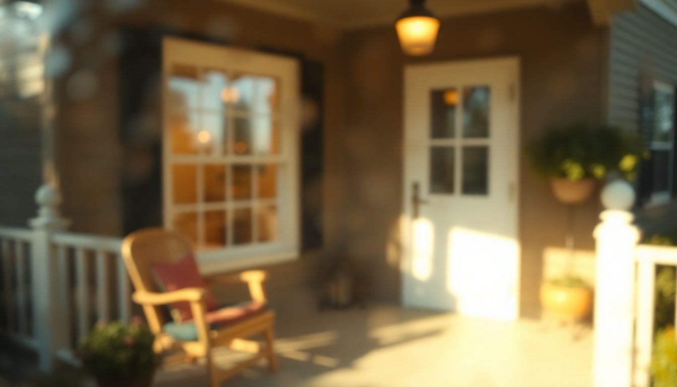 An extremely blurred, impressionistic image of a cozy front porch with wooden beams and railings, surrounded by lush greenery and bathed in a warm, soft glow, conceptually representing the inviting atmosphere of the historic East Falls home.