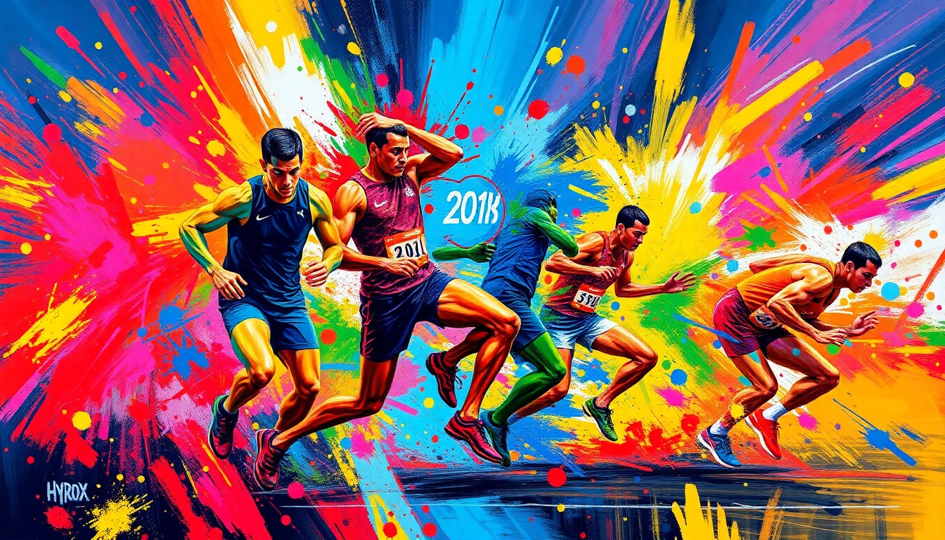 A dynamic, abstract painting featuring bold, neon-colored brushstrokes that convey the raw power and movement of Hyrox competitors engaged in the intense fitness competition.