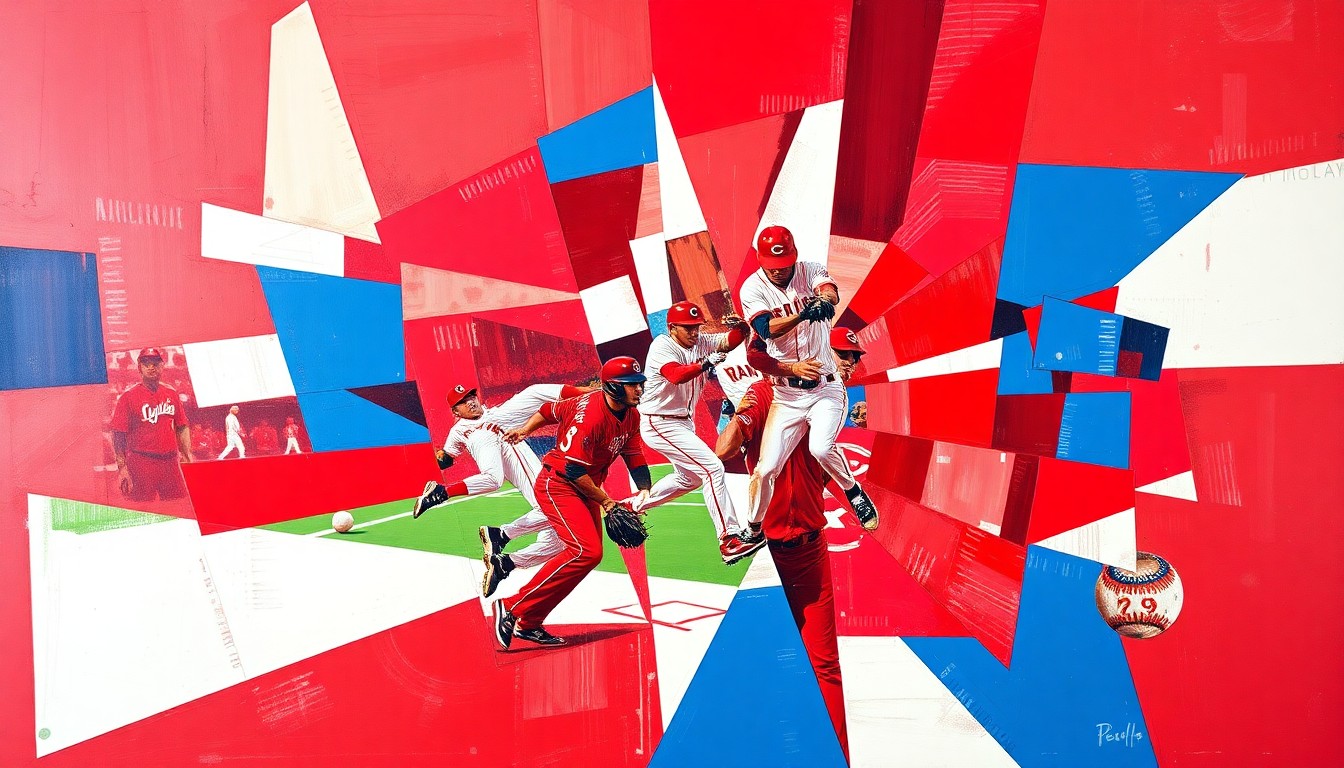 A cubist-style painting depicting a baseball game in motion, with sharp geometric shapes and overlapping planes of color representing the players' movements and the intensity of the game.