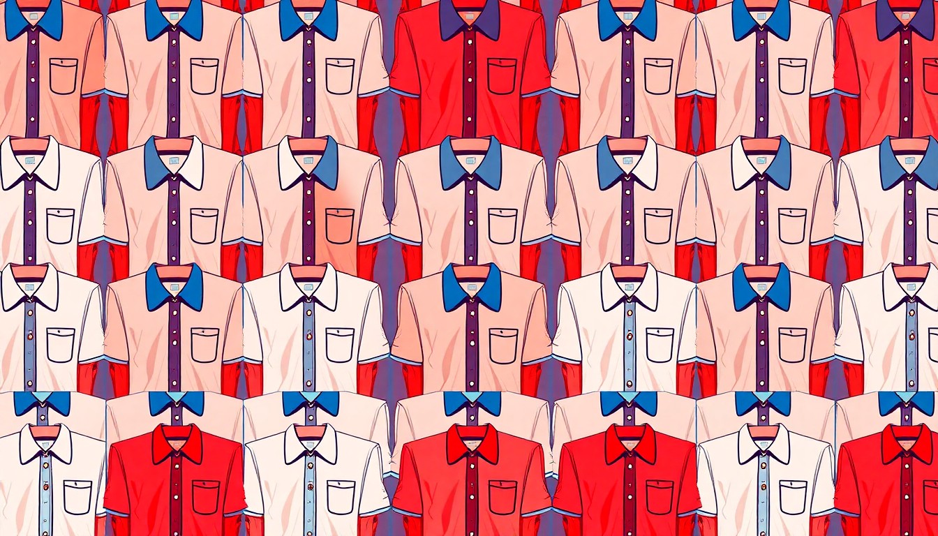 A bold, colorful silkscreen print featuring a school uniform shirt repeated in a grid pattern, conveying the concept of an unregistered educational facility and the importance of upholding professional standards in the sector.