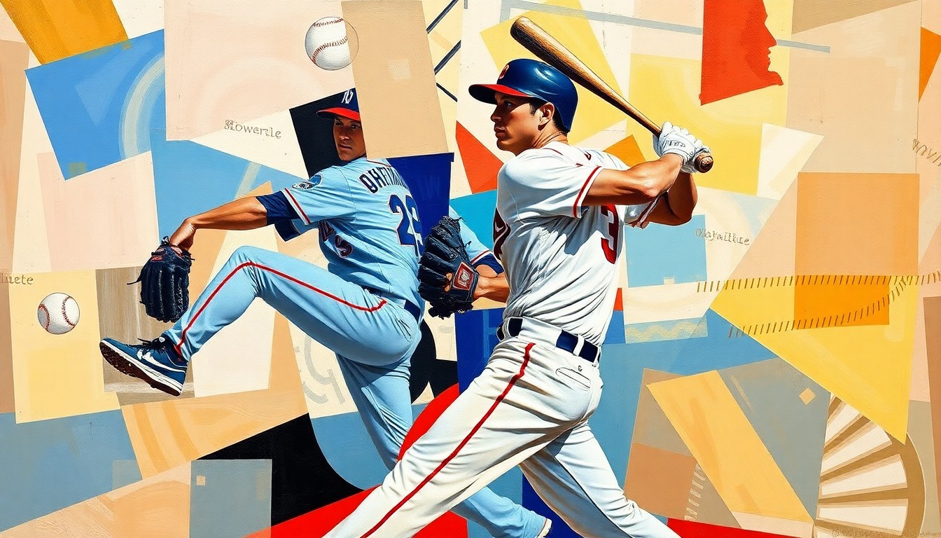 A cubist-style painting depicting Shohei Ohtani's pitching and batting motions broken down into sharp, overlapping geometric shapes and planes, capturing the dynamic energy and multi-faceted nature of his game.
