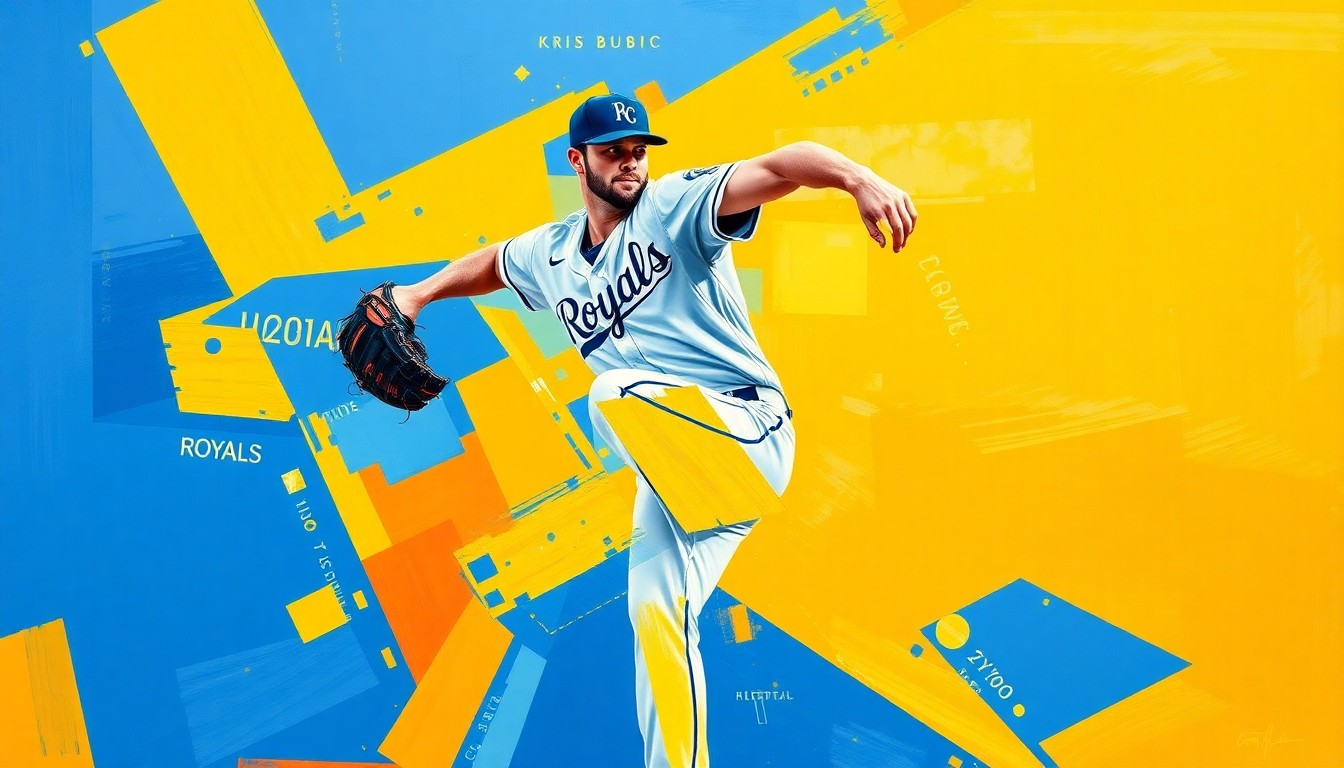 A cubist-style painting depicting Kris Bubic's pitching motion broken down into geometric shapes and planes, using the Royals' blue and gold colors to capture the energy and dynamism of his comeback.