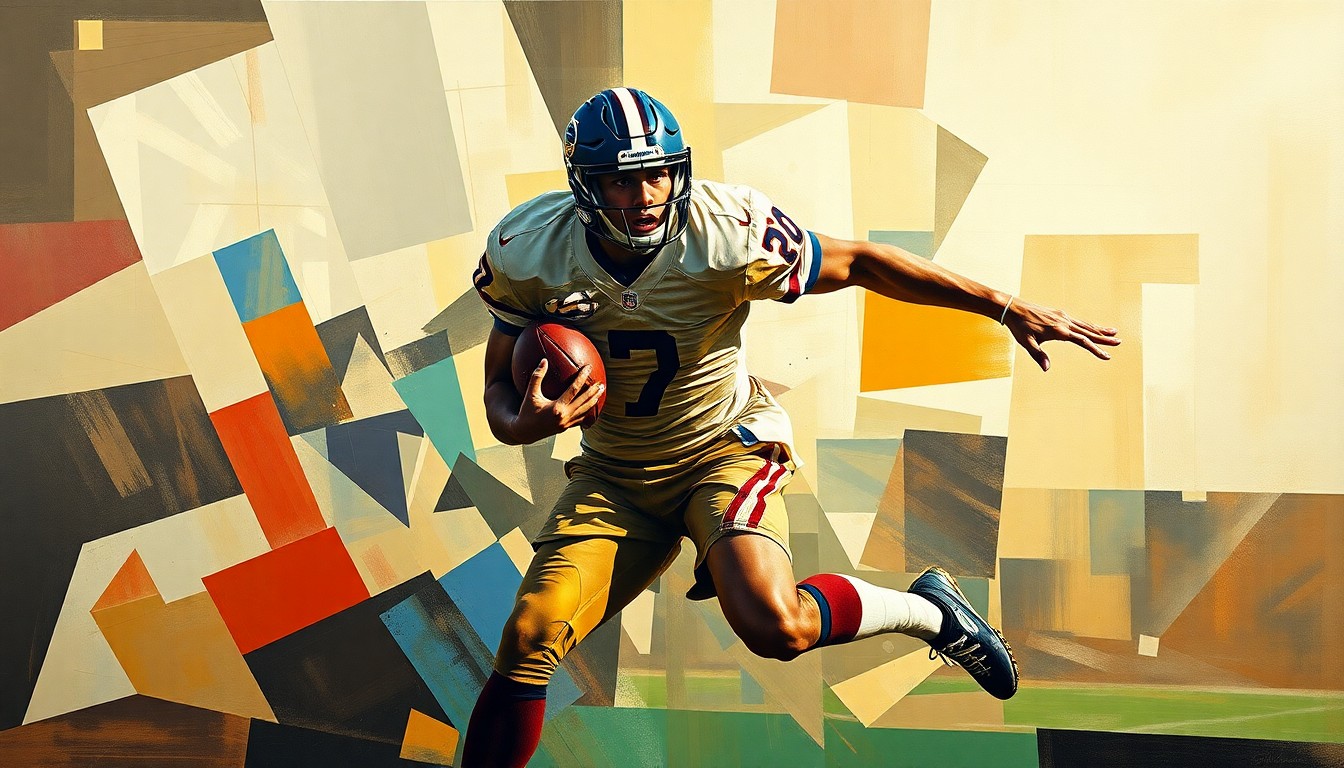 A cubist-style painting depicting a football player in motion, broken down into sharp, overlapping geometric shapes and planes of color, conveying the nuanced and multifaceted nature of Travis Hunter's role with the Jacksonville Jaguars.