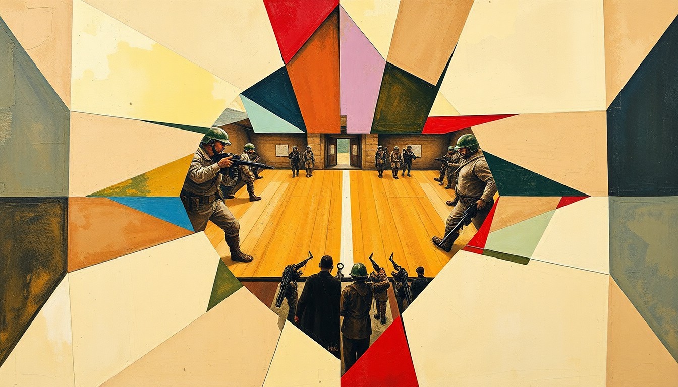 A cubist, geometric painting depicting a fractured, multi-perspective view of a defensive line formation, with sharp planes of color and shape representing the intensity and physicality of the trenches.