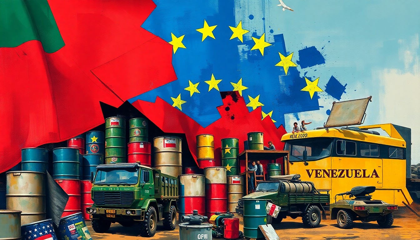 A dynamic, abstract painting featuring overlapping, fractured shapes and waves of bold colors representing the geopolitical turmoil surrounding the US intervention in Venezuela.