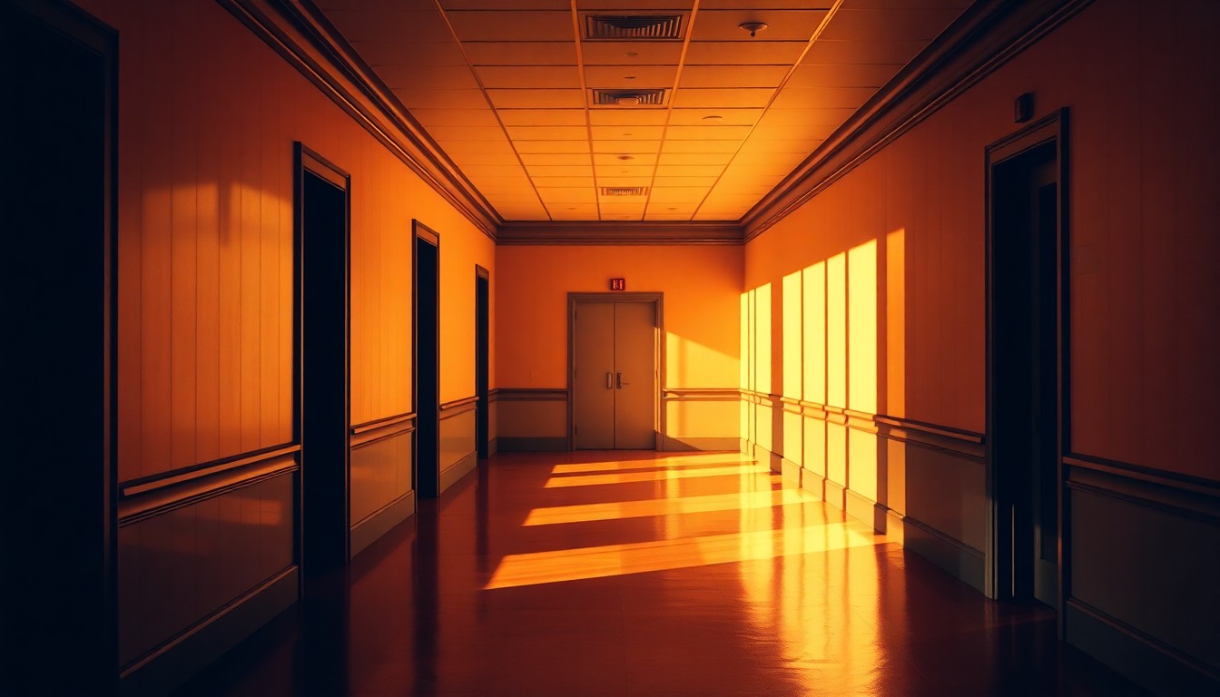 A quiet, cinematic painting of an empty government hallway, with warm sunlight streaming through windows and deep shadows, conveying a sense of solemnity and unease about the allegations of mistreatment at the youth detention facility.