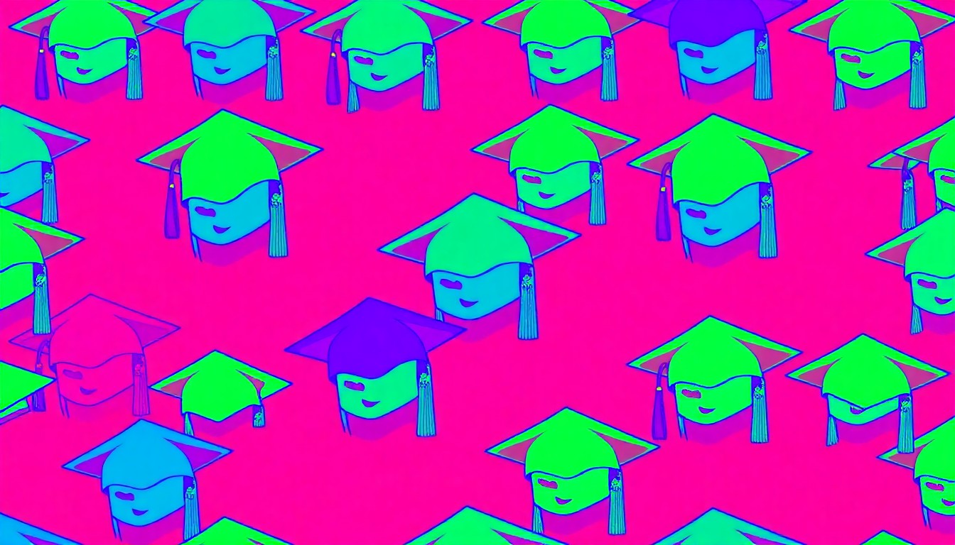 A bold, colorful silkscreen print featuring a repeated image of a university diploma or graduation cap in a grid pattern, conceptually representing the challenges facing higher education institutions.