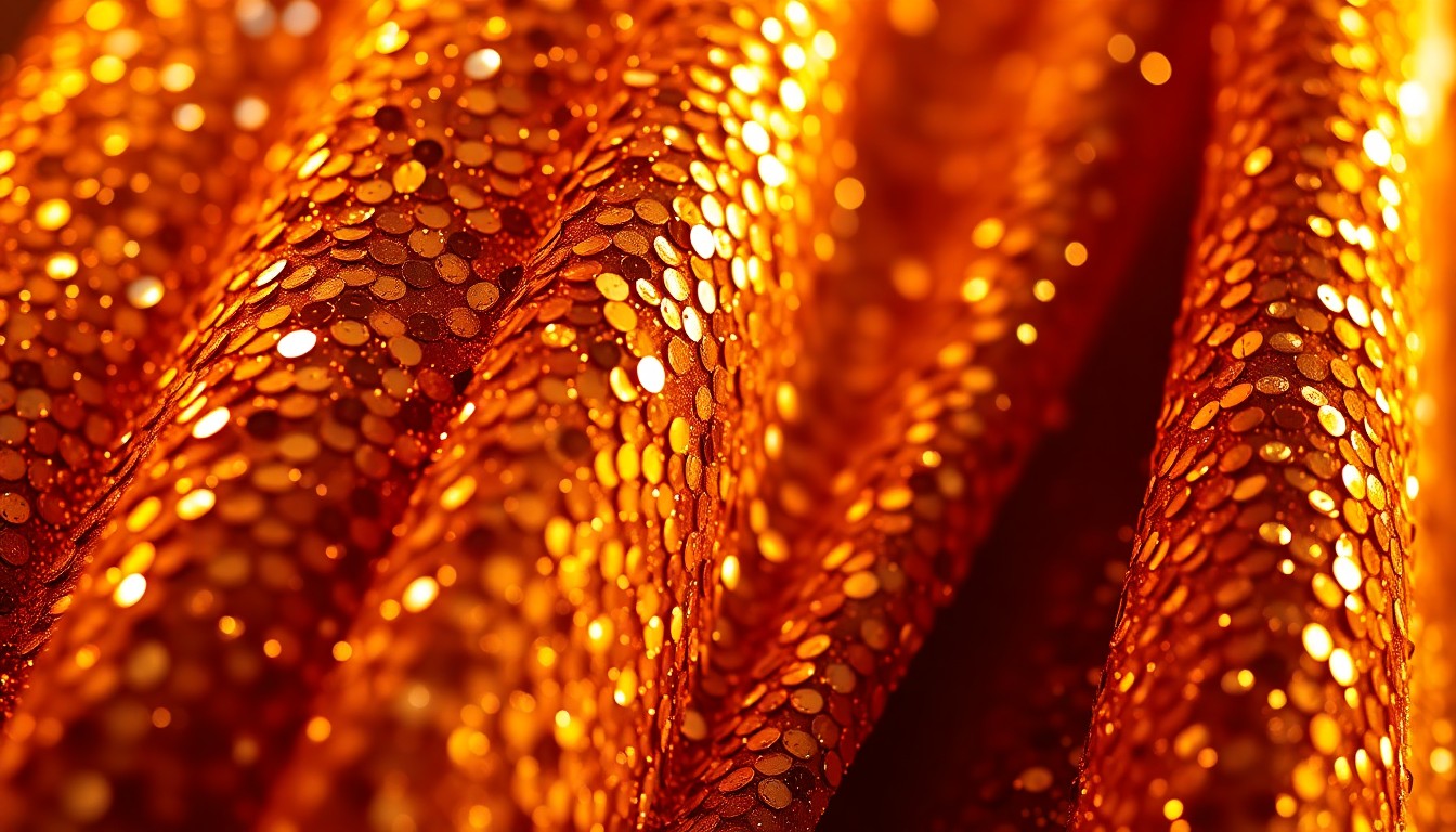 An extreme close-up of shimmering, glittering sequins in a high-contrast, high-fashion studio lighting setup, conceptually representing the glamour and allure of Goldie Hawn's iconic career.