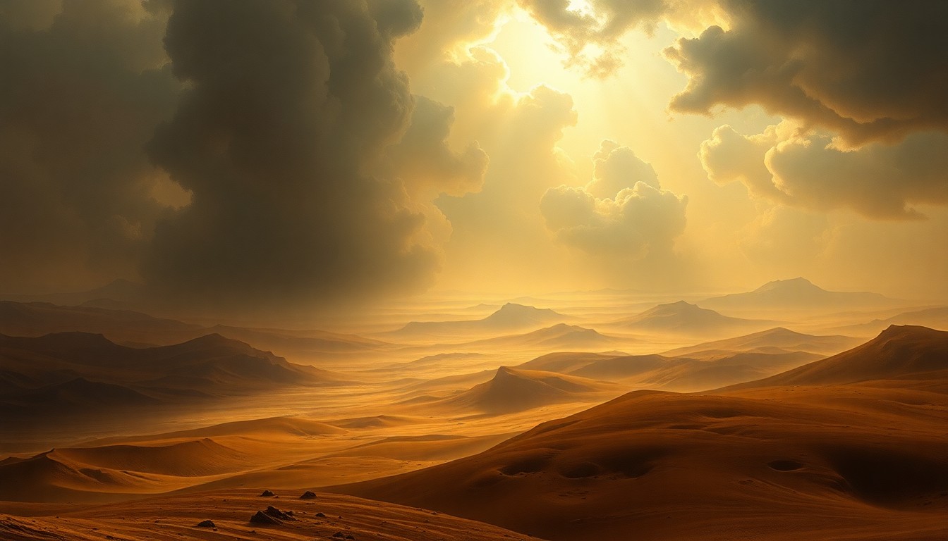 A vast, sweeping landscape painting in muted earth tones, with the horizon obscured by billowing clouds of dust and sand, conveying the overwhelming power and sublime scale of the natural forces at play.