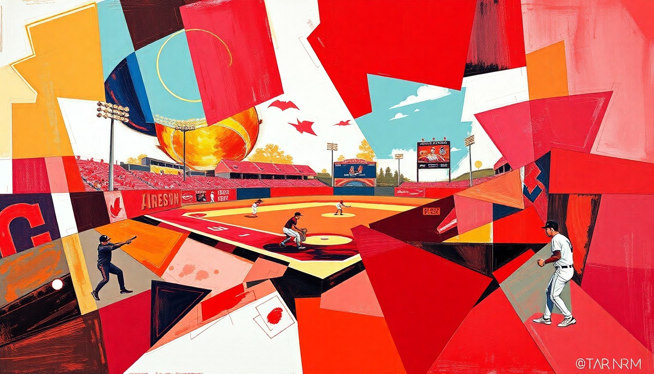 A fragmented, geometric painting in bold shades of red and garnet, depicting the dynamic action and emotion of a high-stakes college softball game.