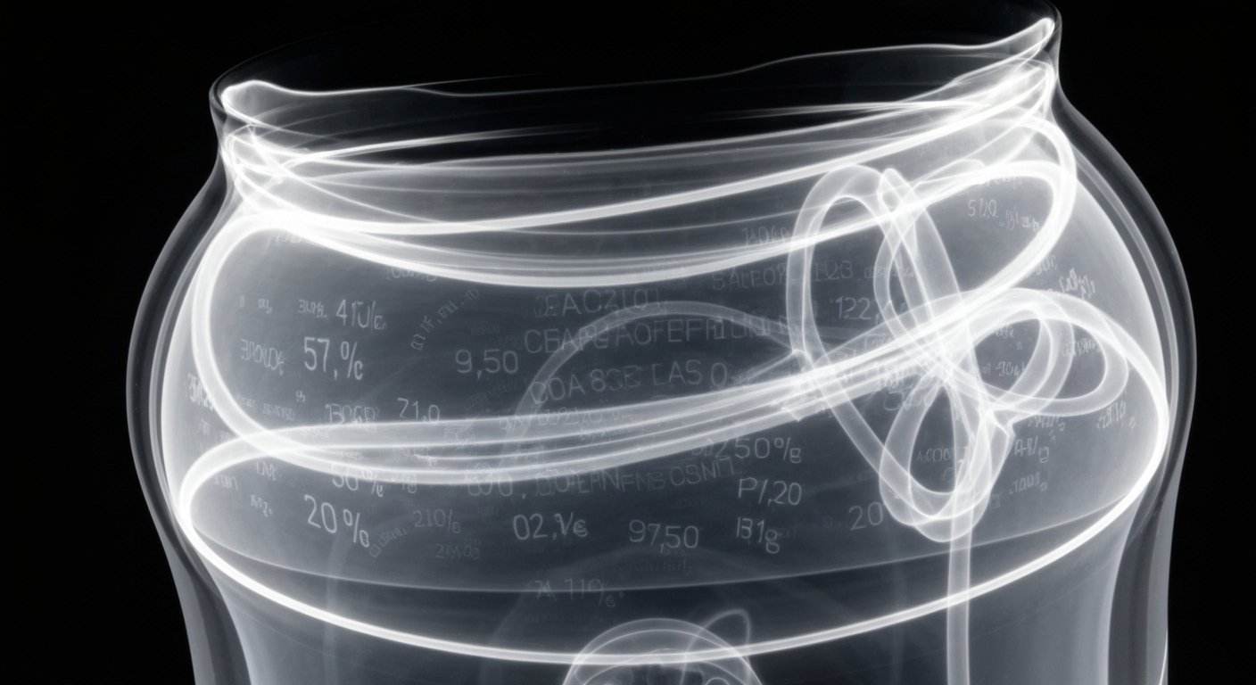 An extreme close-up X-ray image revealing the internal structure of an energy drink can, with the high caffeine content and stimulants visible as glowing, ghostly lines against a dark background, conceptually illustrating the dangers of excessive caffeine consumption.