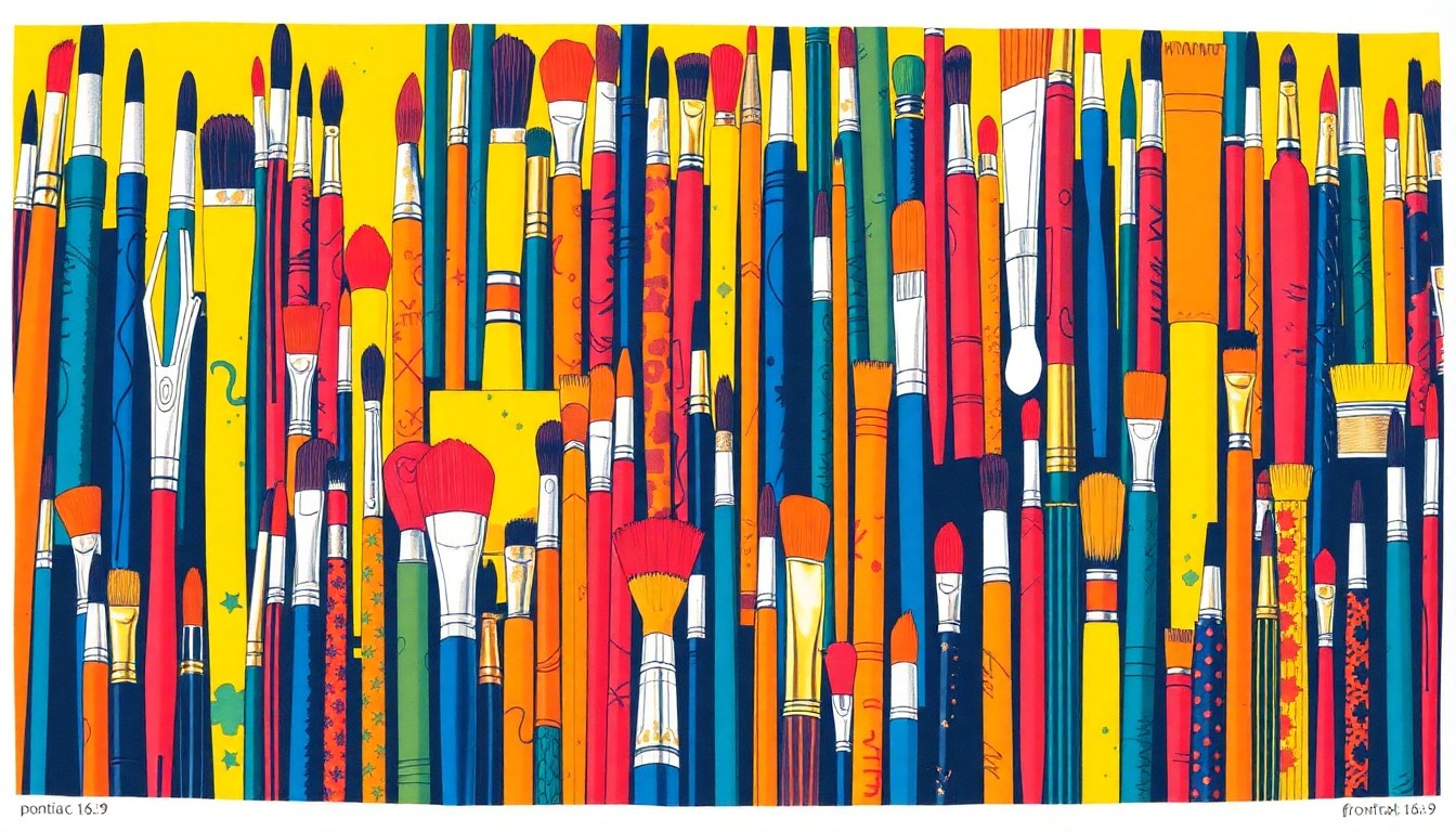 A bold, colorful silkscreen print featuring a grid of artistic supplies like paint brushes and tubes, representing the creative energy and community focus of Pontiac's weekly Arts Crawl event.
