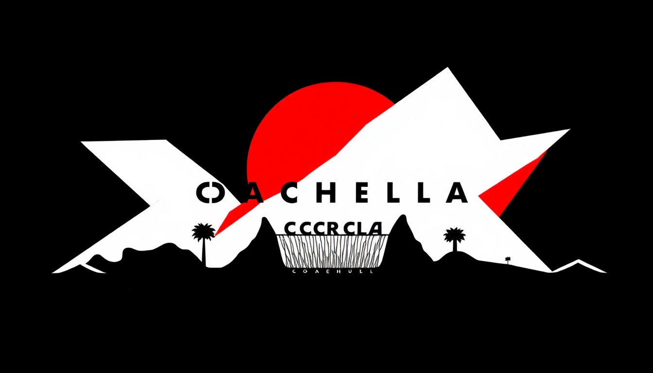 An abstract, minimalist illustration featuring sharp, angular shapes in black, white, and red, conveying the energy and excitement of Coachella's musical performances.