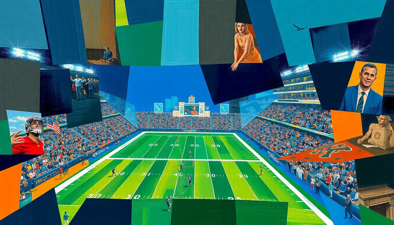 A cubist, geometric painting depicting fragmented football players and draft prospects, with sharp planes of navy, green, and orange colors representing the complex maneuvering of an NFL team's draft plans.