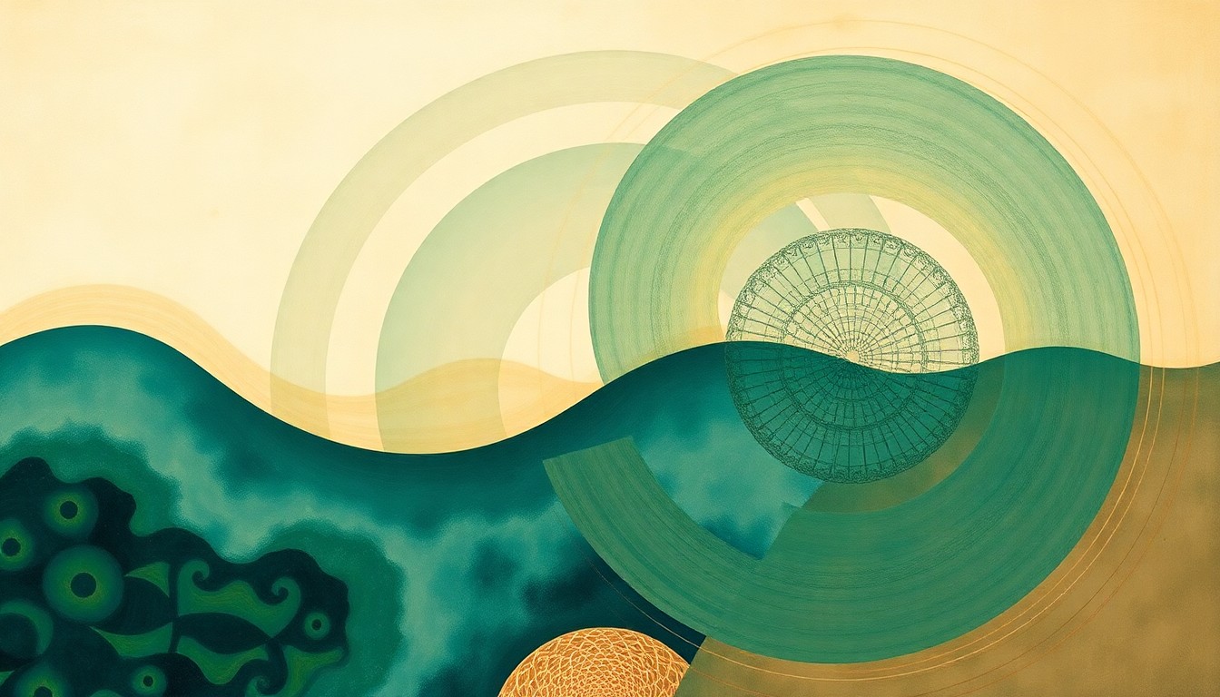 An abstract painting featuring sweeping geometric arcs, concentric circles, and precise botanical spirals in earthy tones of green, blue, and brown, conceptually representing the complex interplay between coastal sediment movement, underwater visibility, and shark behavior.