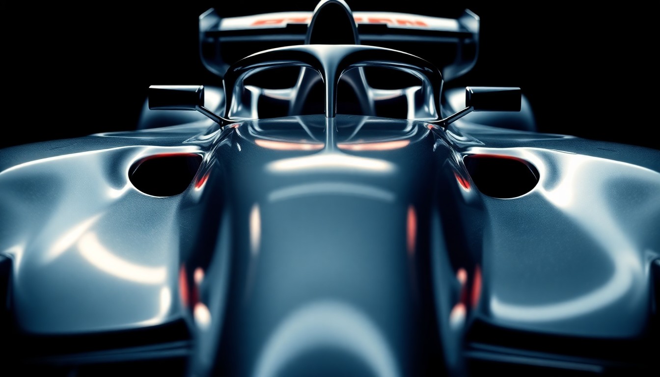 An extreme close-up photograph of a Formula 1 car's glossy, metallic bodywork, reflecting the dramatic studio lighting and capturing the sleek, high-tech glamour of the sport.