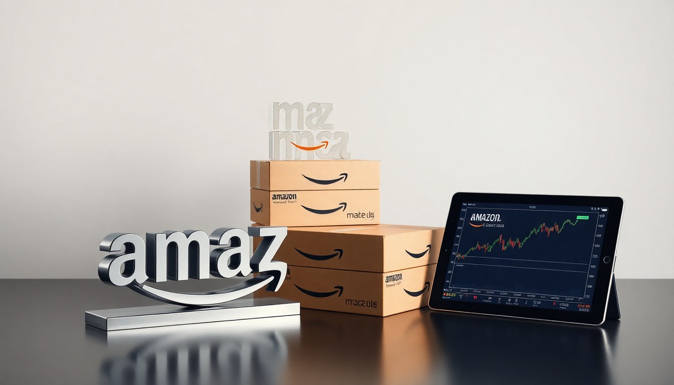 A minimalist, photorealistic studio still-life featuring a polished metal Amazon logo sculpture, a stack of Amazon shipping boxes, and a tablet displaying the company's stock chart, all arranged elegantly against a clean, monochromatic background to symbolize Amazon's financial performance and institutional investor appeal.