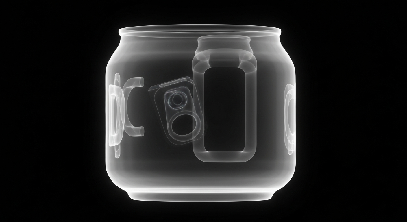 A ghostly, translucent X-ray image showing the internal structure of an energy drink can, conceptually illustrating the hidden health risks of excessive caffeine consumption.