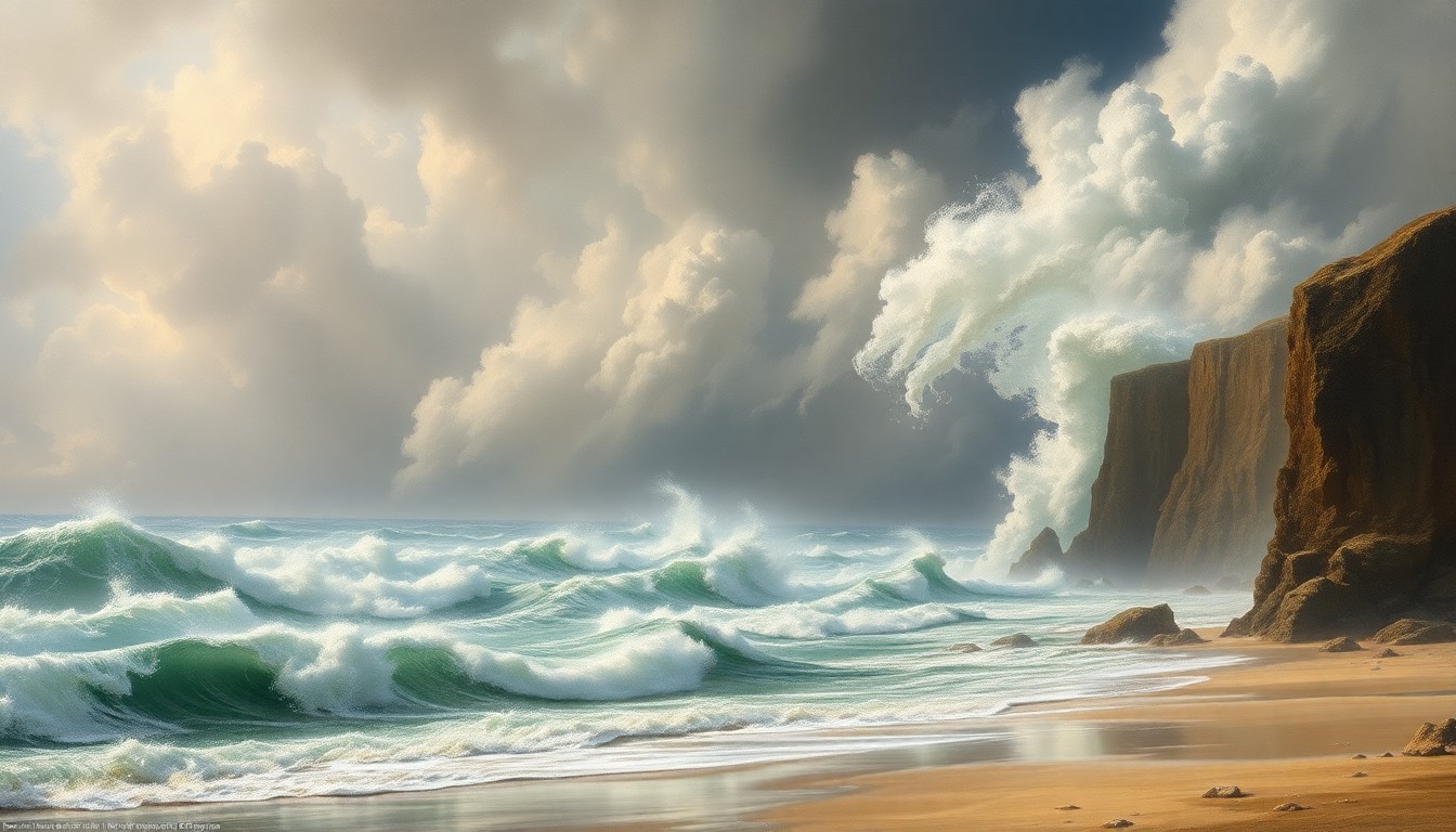 A vast, atmospheric landscape painting depicting a stormy beach scene with towering waves crashing against the shore, conveying the overwhelming power of the natural elements.