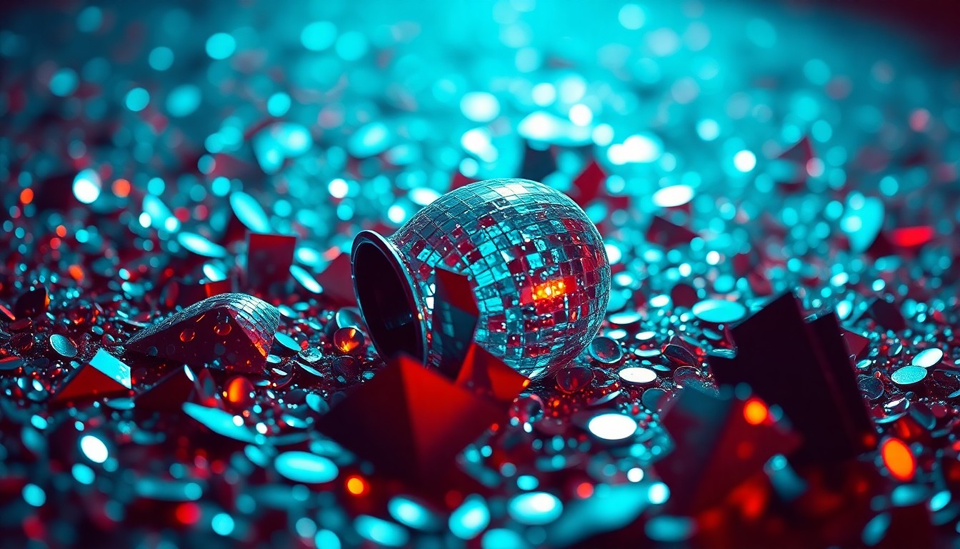 An extreme close-up of shimmering sequins and shattered glass reflecting dramatic studio lighting, conceptually representing the glamour and energy of a music festival.
