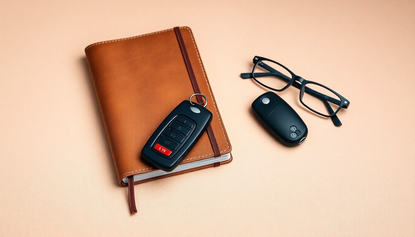 A photorealistic studio still life featuring a worn leather notebook, a set of car keys, and a pair of reading glasses, symbolizing the experience of an older adult balancing retirement with supplemental gig work.