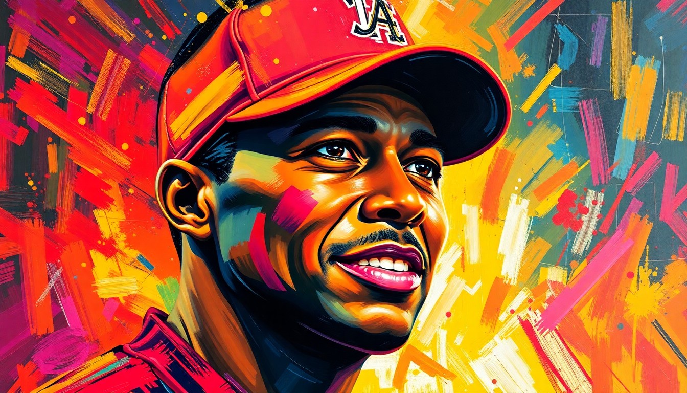 An abstract, expressionist painting featuring bold, neon-colored brushstrokes that convey a sense of energy, tension, and emotional turmoil, conceptually representing the complex issues surrounding Tiger Woods' legal troubles and prescription drug use.