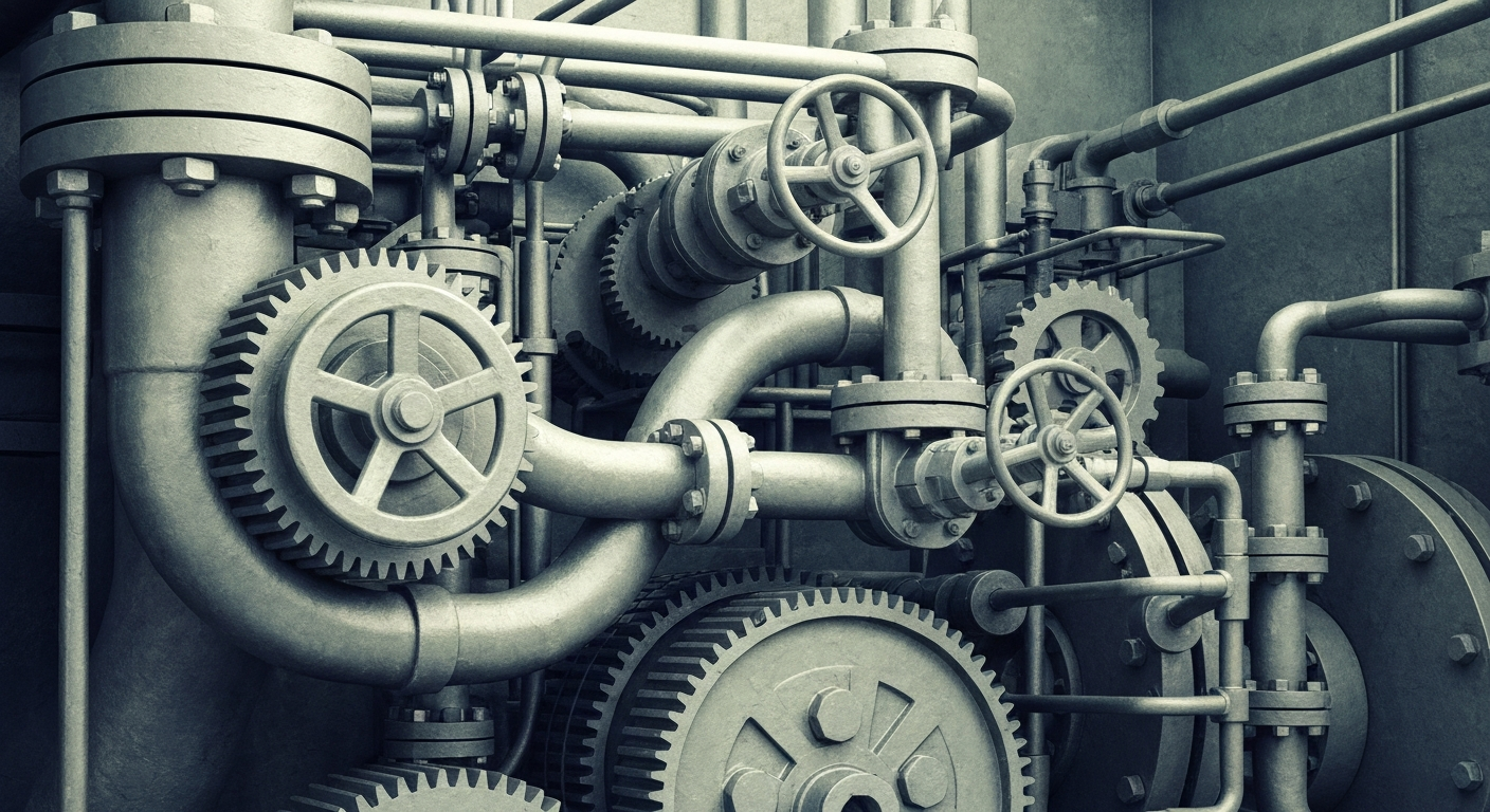 An extreme close-up of a complex array of industrial machinery and equipment, conveying the technical complexity and capital-intensive nature of the energy industry.