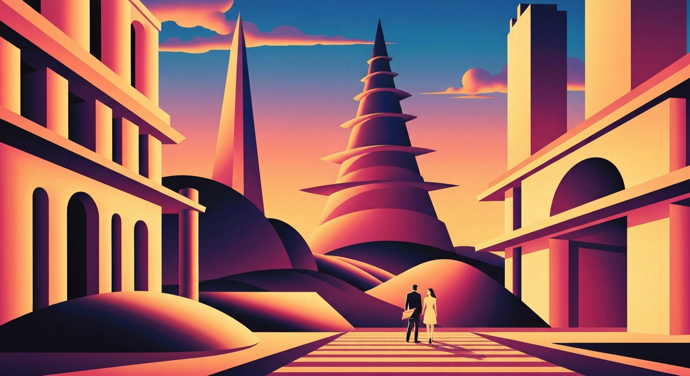 A highly stylized, geometric illustration depicting a sweeping, towering landscape with sleek, streamlined architectural forms in shades of blue, yellow, and red, capturing the grand scale and romance of travel without any literal depictions of people or text.
