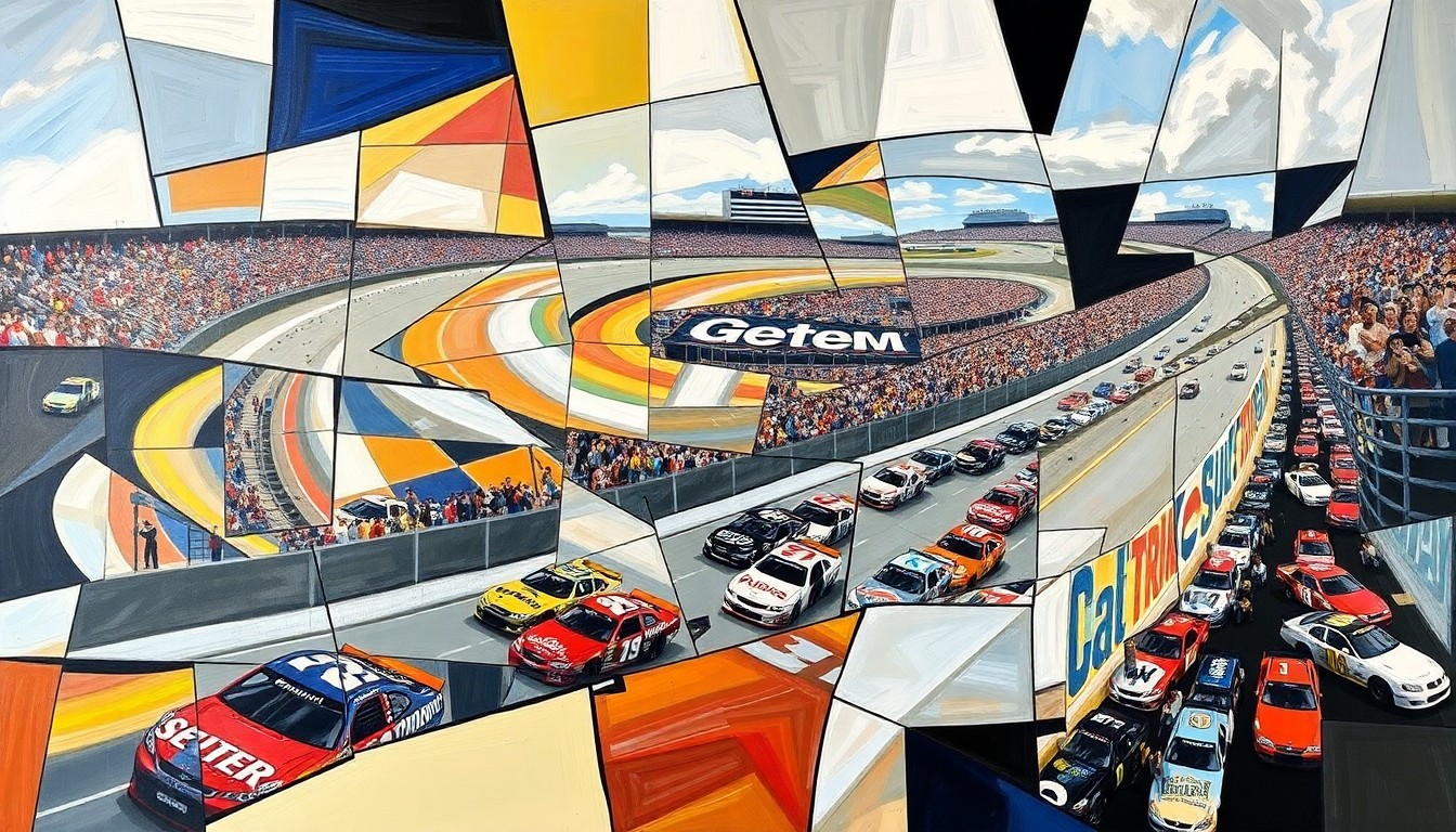 A cubist, geometric painting depicting a NASCAR race at Darlington Raceway, with the cars and track broken down into sharp, overlapping planes of color and form, capturing the intensity and chaos of the competition.