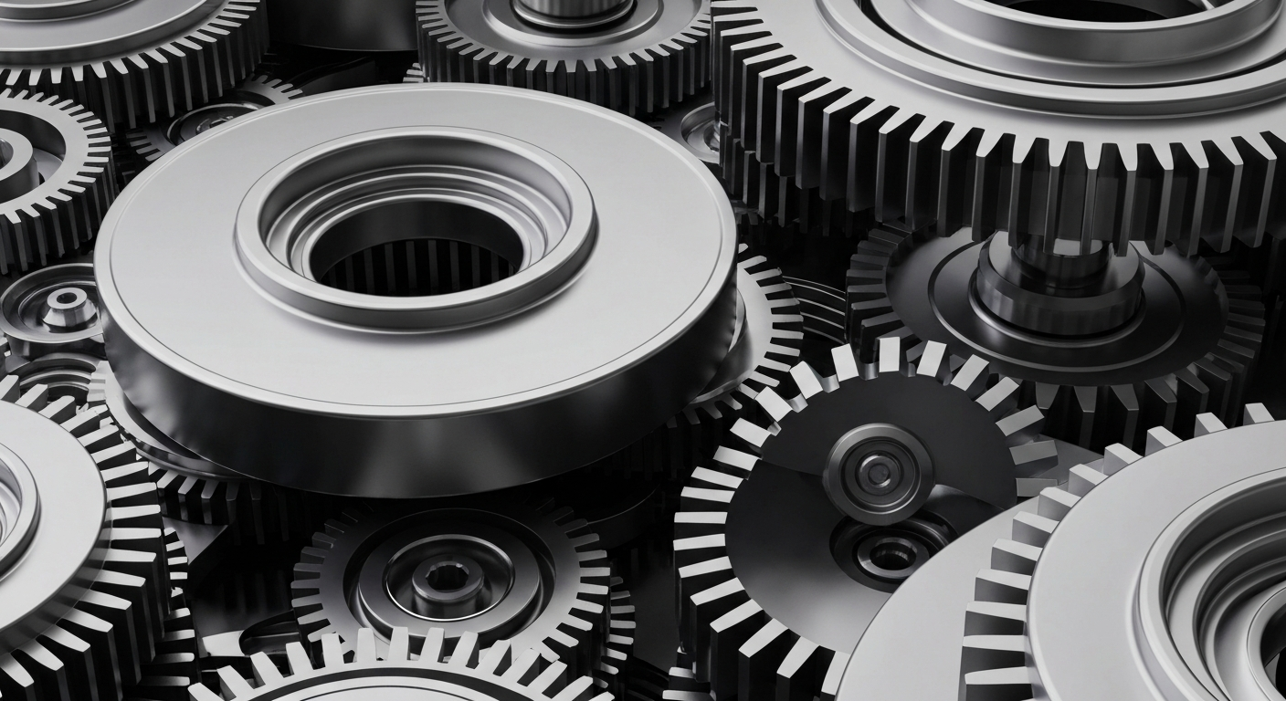 A highly detailed, cinematic close-up image of polished metal gears, cogs, and other industrial machinery in shades of silver, steel, and gunmetal grey, conveying the complex financial infrastructure and institutional investment that supports the semiconductor industry.