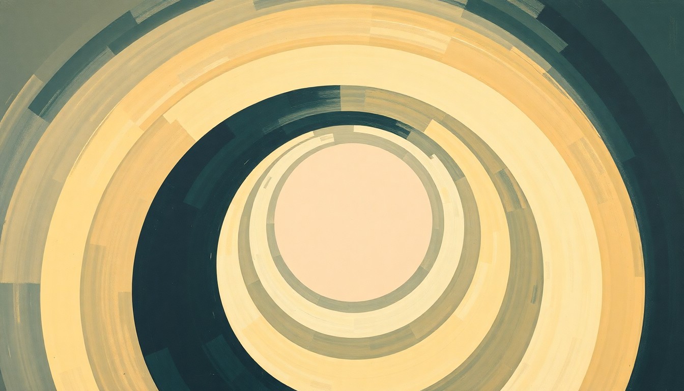 A conceptual abstract illustration in the style of Hilma af Klint, featuring bold geometric shapes and sweeping curves in soft, earthy tones, representing the structural complexity and ordered nature of an underwater research facility designed to simulate microgravity conditions.