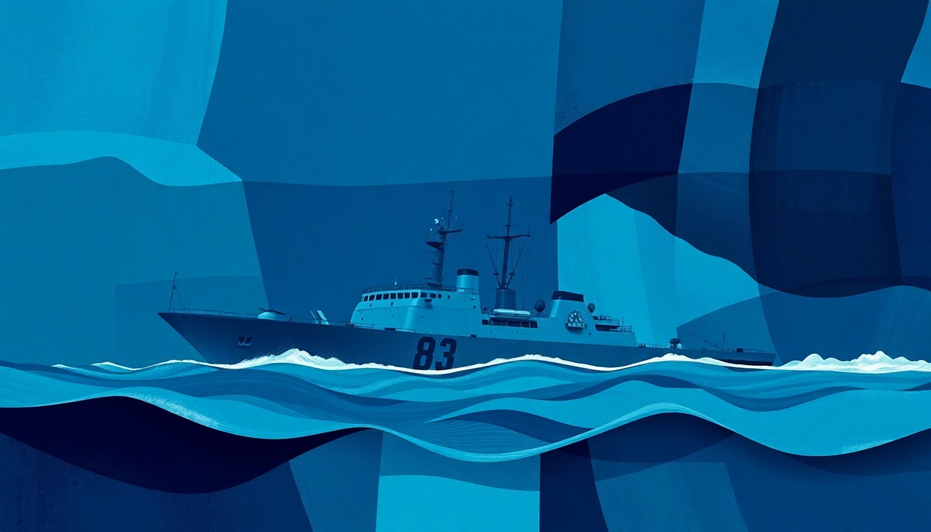 A dynamic, abstract painting depicting an Iranian naval vessel in the Caspian Sea, with overlapping, fractured geometric shapes in shades of blue conveying a sense of motion and tension.