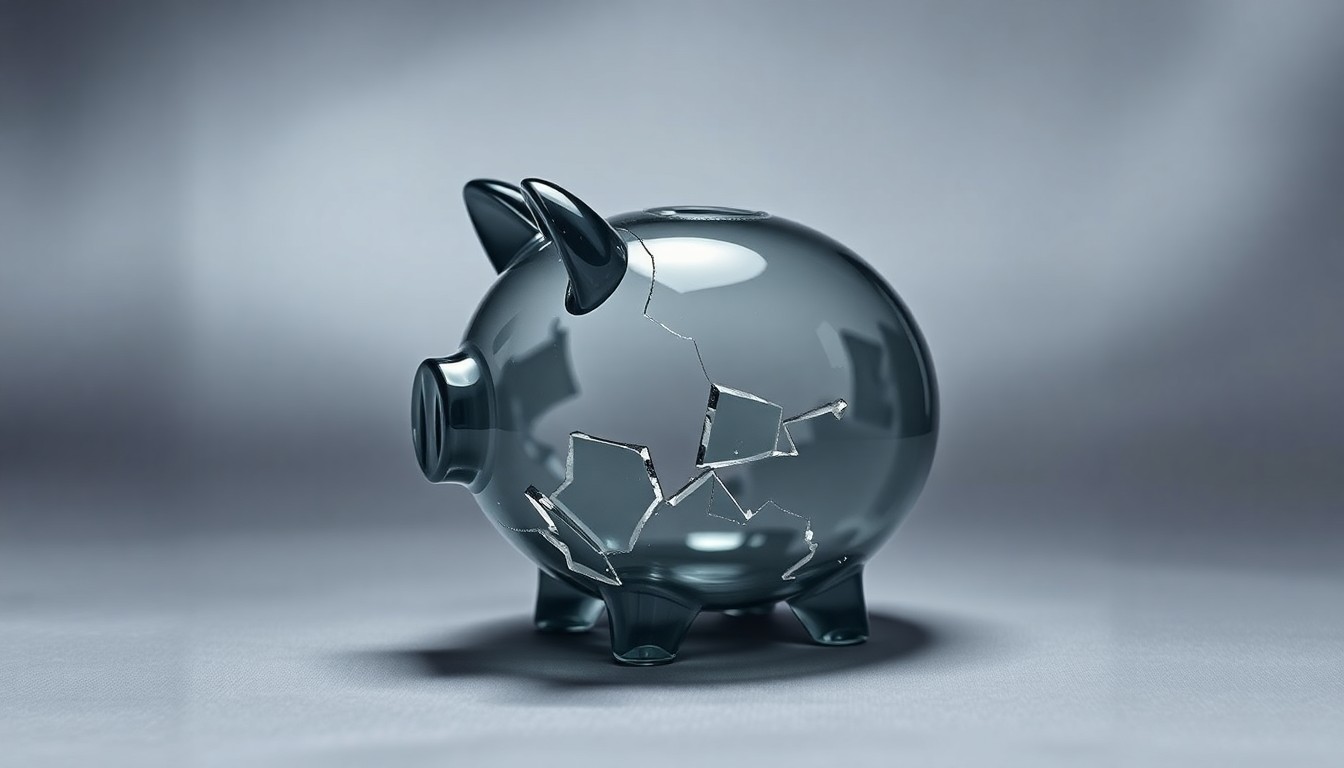 A photorealistic studio still-life image of a shattered glass piggy bank, symbolizing the devaluation of United Homes Group's stock by its controlling shareholder before a forced sale.