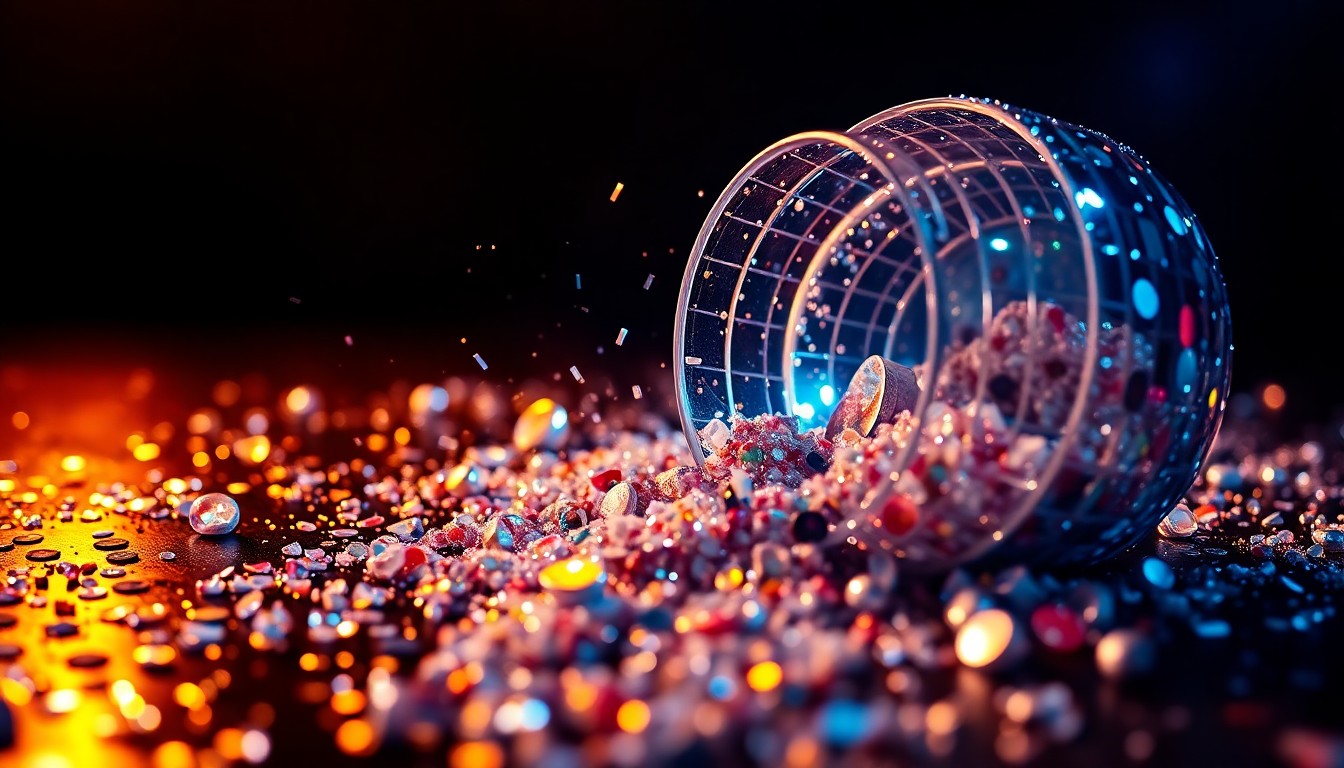 An abstract, high-contrast close-up photograph of glittering sequins and shattered glass, evoking the energy and glamour of a music performance.