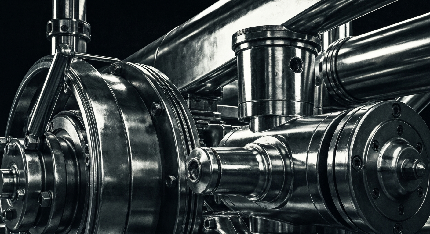 An extreme close-up of gleaming, intricate industrial machinery and equipment, conveying the precision and power behind Graco's fluid handling systems.