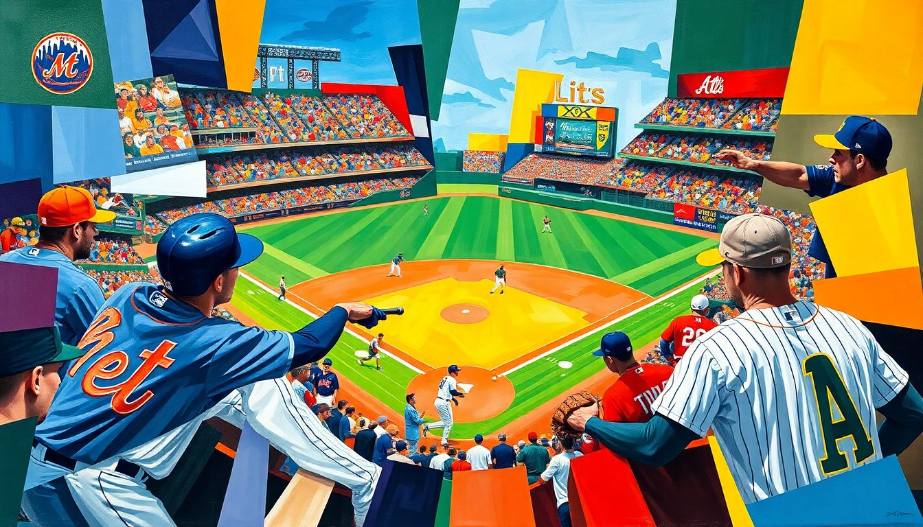 A fragmented, geometric painting depicting a baseball game between the Mets and A's, with the players and field broken down into sharp, overlapping shapes and planes of color, capturing the energy and drama of the matchup.