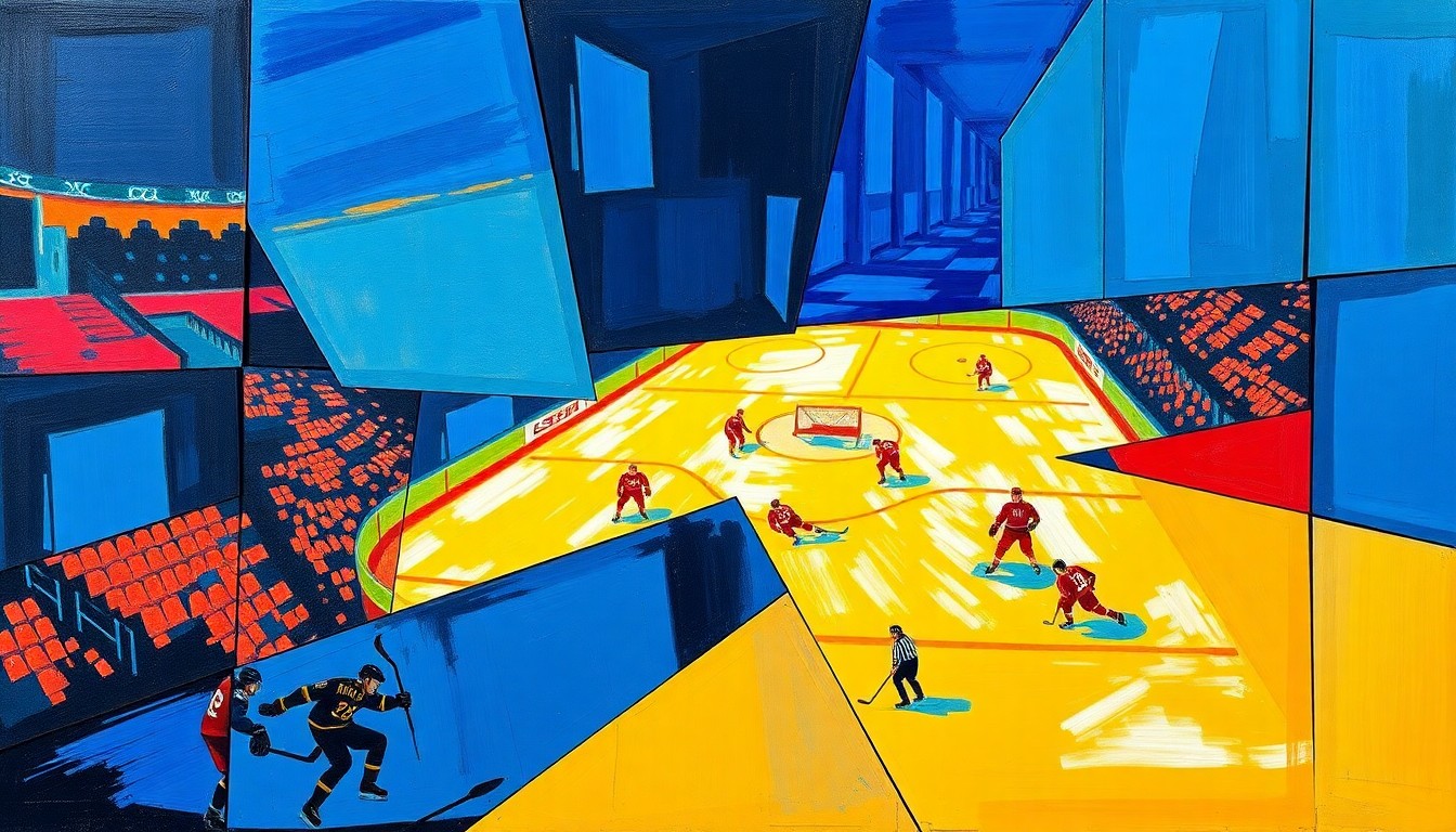 A fragmented, multi-angled painting depicting the motion and energy of a hockey game, with sharp planes of blue, red, and yellow hues overlapping to create a dynamic, abstract composition.