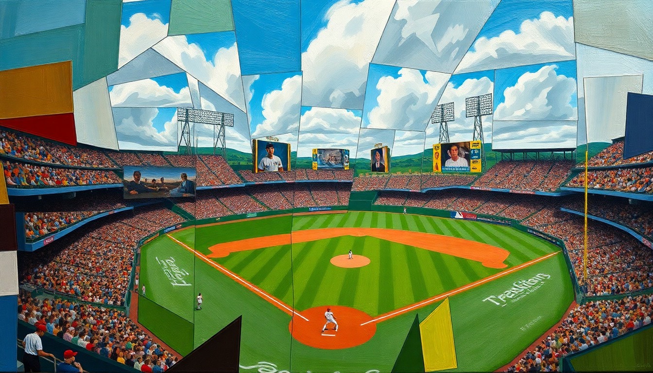 A fragmented, geometric painting in the style of Pablo Picasso, depicting a baseball game or match broken down into sharp, overlapping planes of color and form, conveying the sport's dynamic energy and strategic depth.