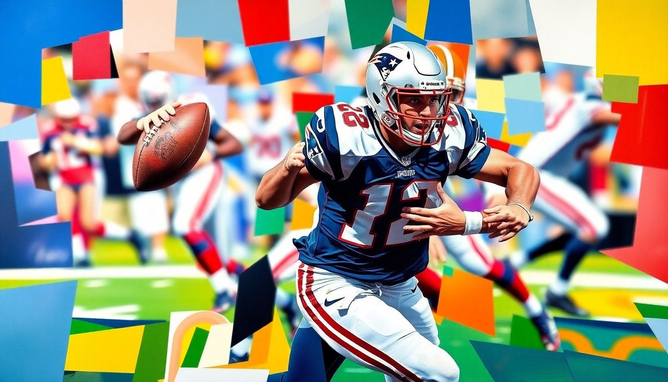 A fractured, cubist-style painting depicting the explosive movements of a football player rushing the passer, with sharp geometric planes in the Patriots' team colors of navy blue, red, and silver.