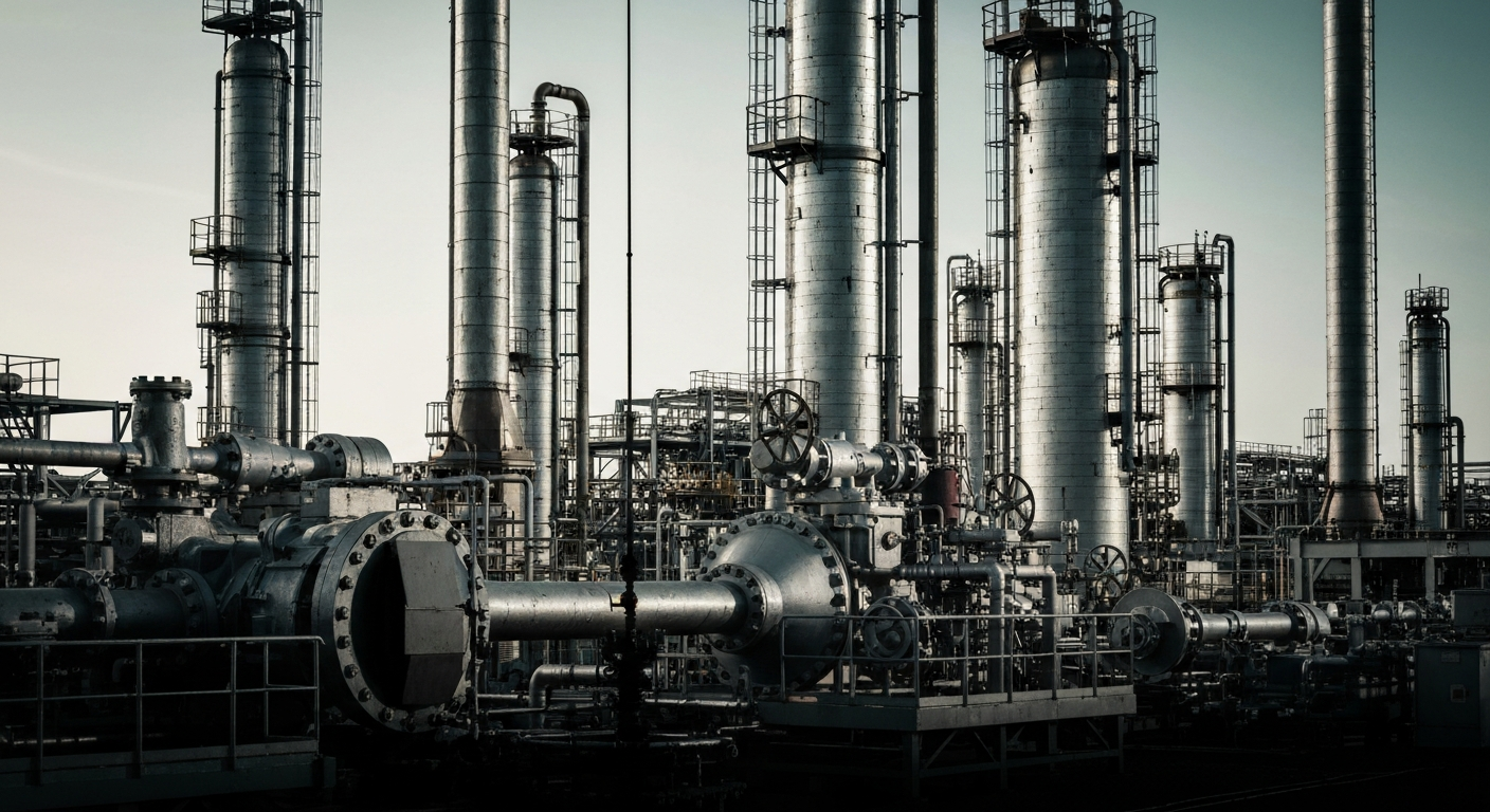 An extreme close-up of the gears, pipes, and valves of an oil refinery machinery, conveying the physical scale and power of the energy sector.