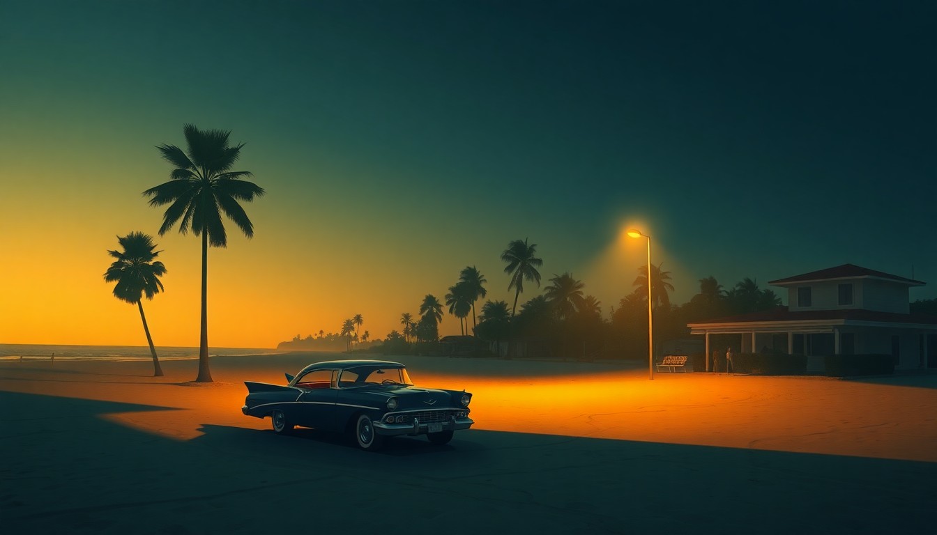 A tranquil, cinematic painting of a beach scene with palm trees and a classic car, rendered in warm, muted tones and deep shadows, conveying a sense of nostalgia and contemplation.