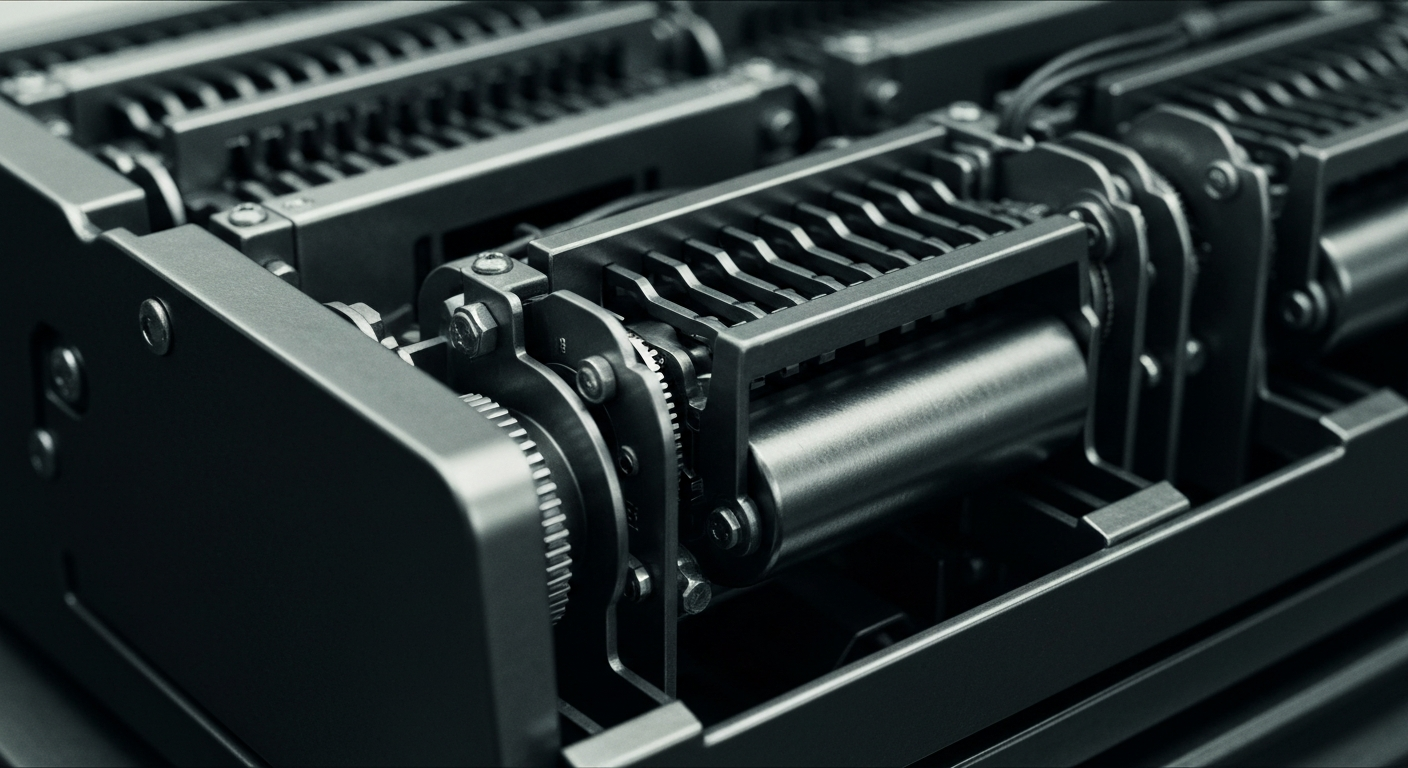 A highly detailed, black-and-white close-up image of the inner workings of a Visa credit card processing terminal, capturing the industrial, mechanical nature of the financial technology that enables global digital payments.