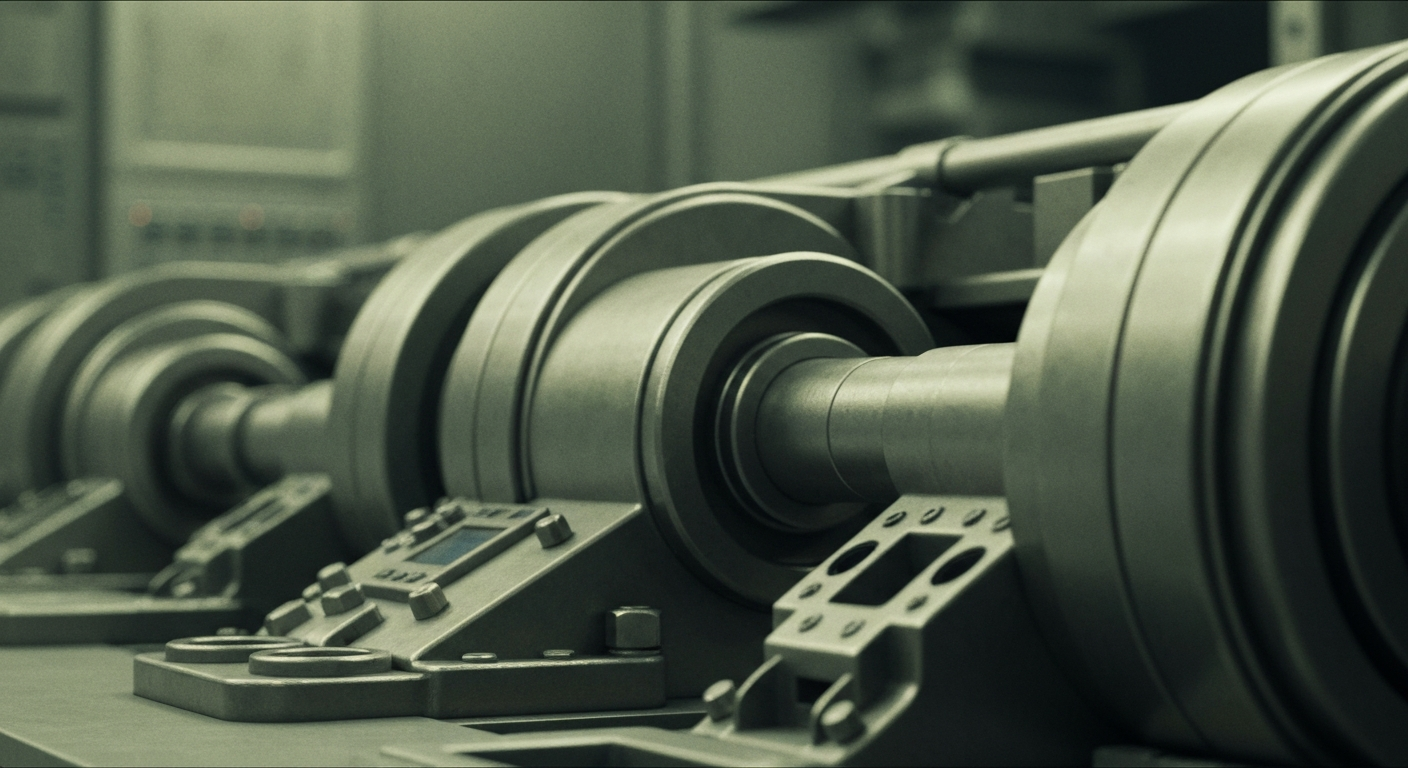 An extreme close-up of heavy, industrial banking equipment and machinery in muted, metallic tones, conceptually representing the stability and security of institutional finance.