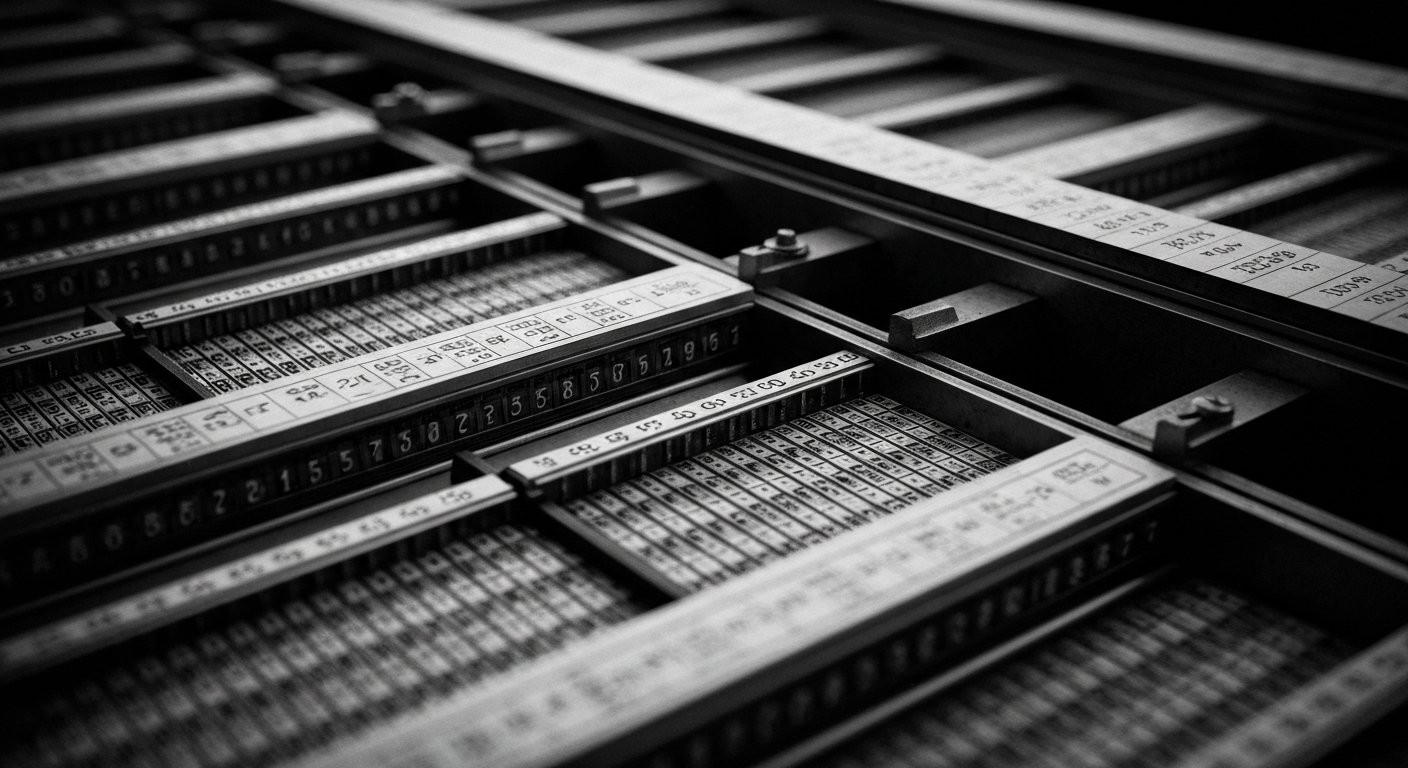 A high-contrast, cinematic close-up of heavy banking machinery and financial ledgers, representing the institutional forces and financial infrastructure that underpin the insurance industry.